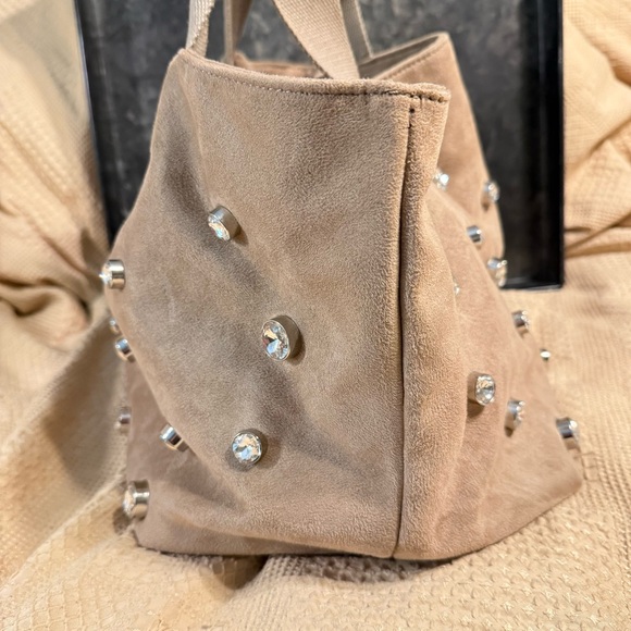 Anthropologie Rhinestone Studded Rivet Velvet Suede Satchel Tote Bag Slouch - Picture 4 of 9